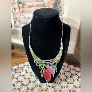 Colorful Enamel Leaf Statement Women’s Necklace Silver Tone Rhinestone Accents